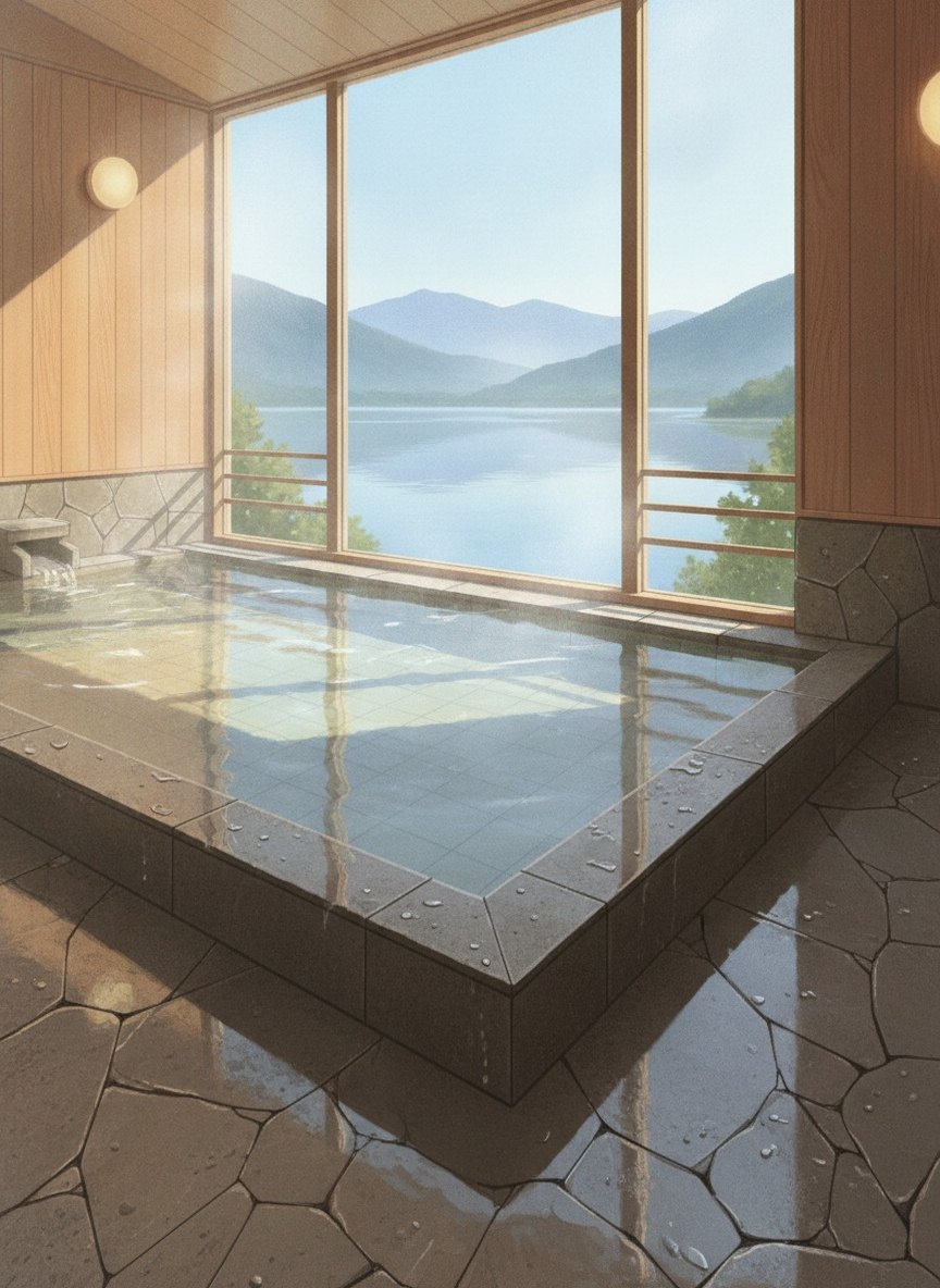 Illustration of Ooedo Onsen Monogatari Wanwan Resort Yataya Shotoen in Katayamazu, on the lake shore in the town center