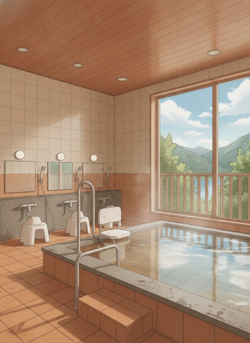 Illustration of Fuji Lake Hotel in Funatsu, on the east shore of Lake Kawaguchi