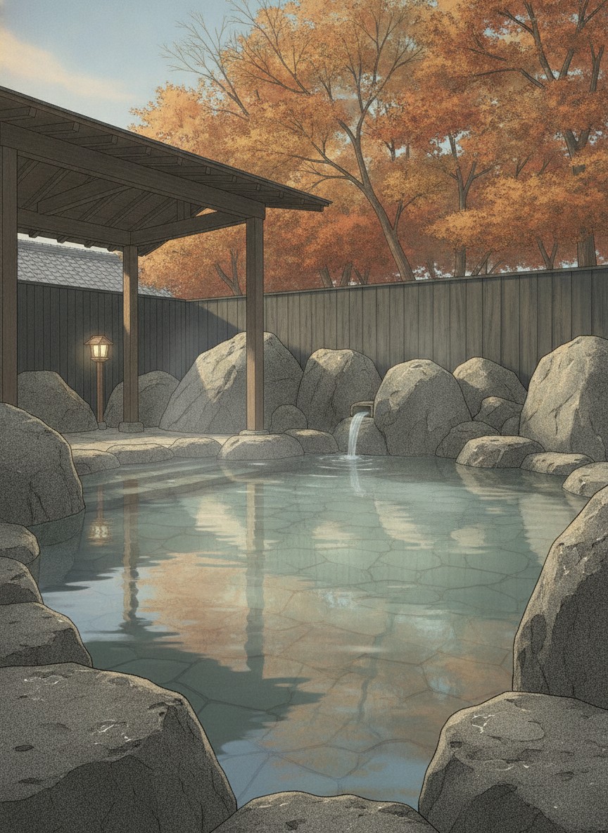Illustration of Izumi no Yu, Saiko in Saiko, on the north shore of Lake Saiko, the next lake west of Kawaguchi