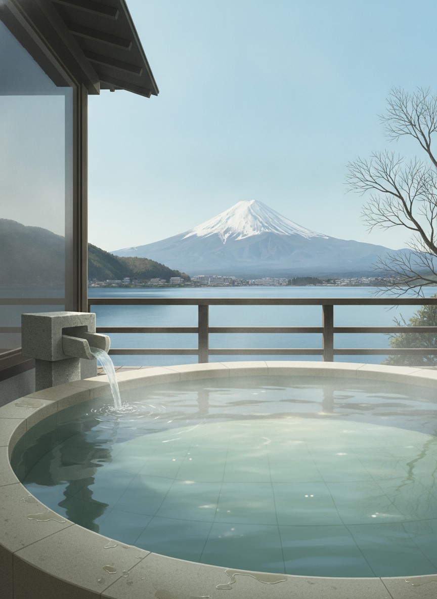 Illustration of Kozantei Ubuya in Asakawa, on the northeast shore of Lake Kawaguchi
