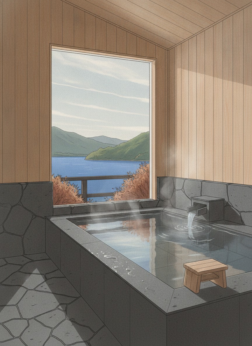 Illustration of Toki Yuyu Rakuyu in Asakawa, on the hillside above Lake Kawaguchi