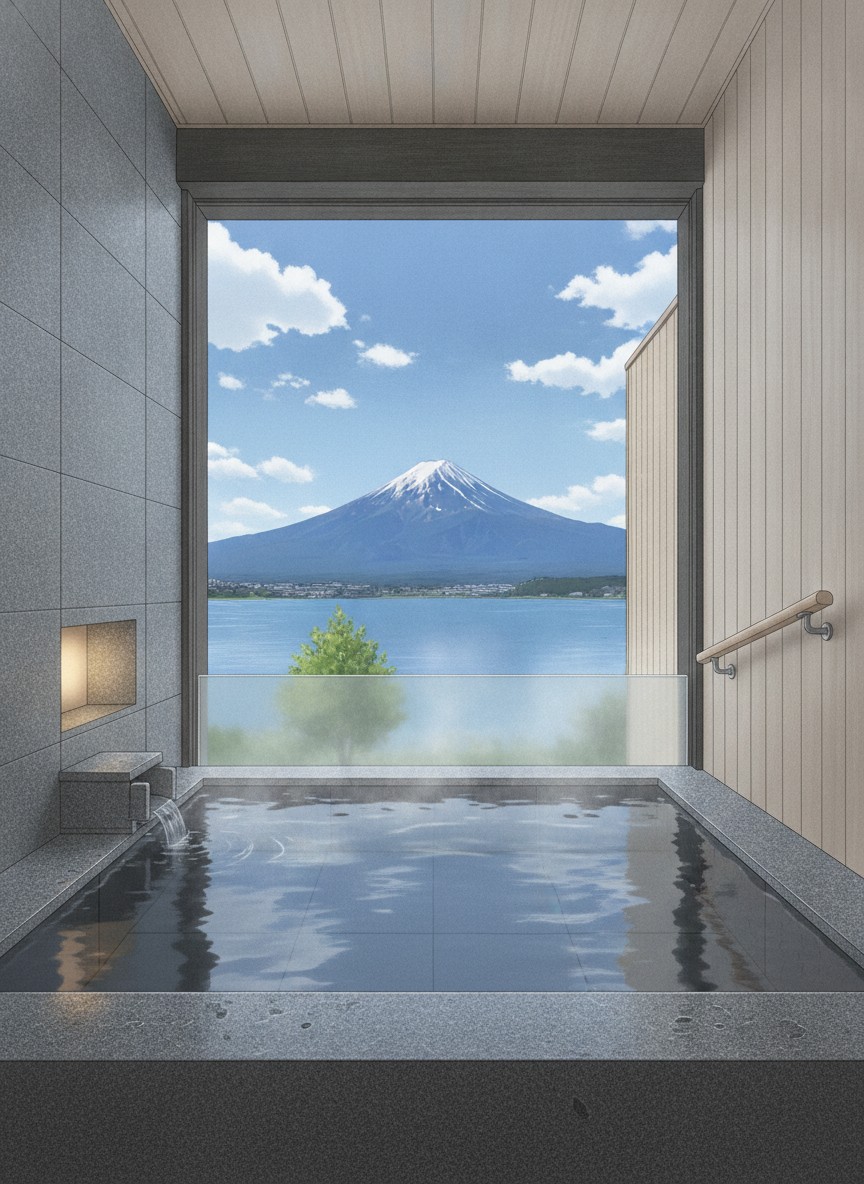 Illustration of Shuhokaku Kogetsu in Kawaguchi, on the north shore of Lake Kawaguchi