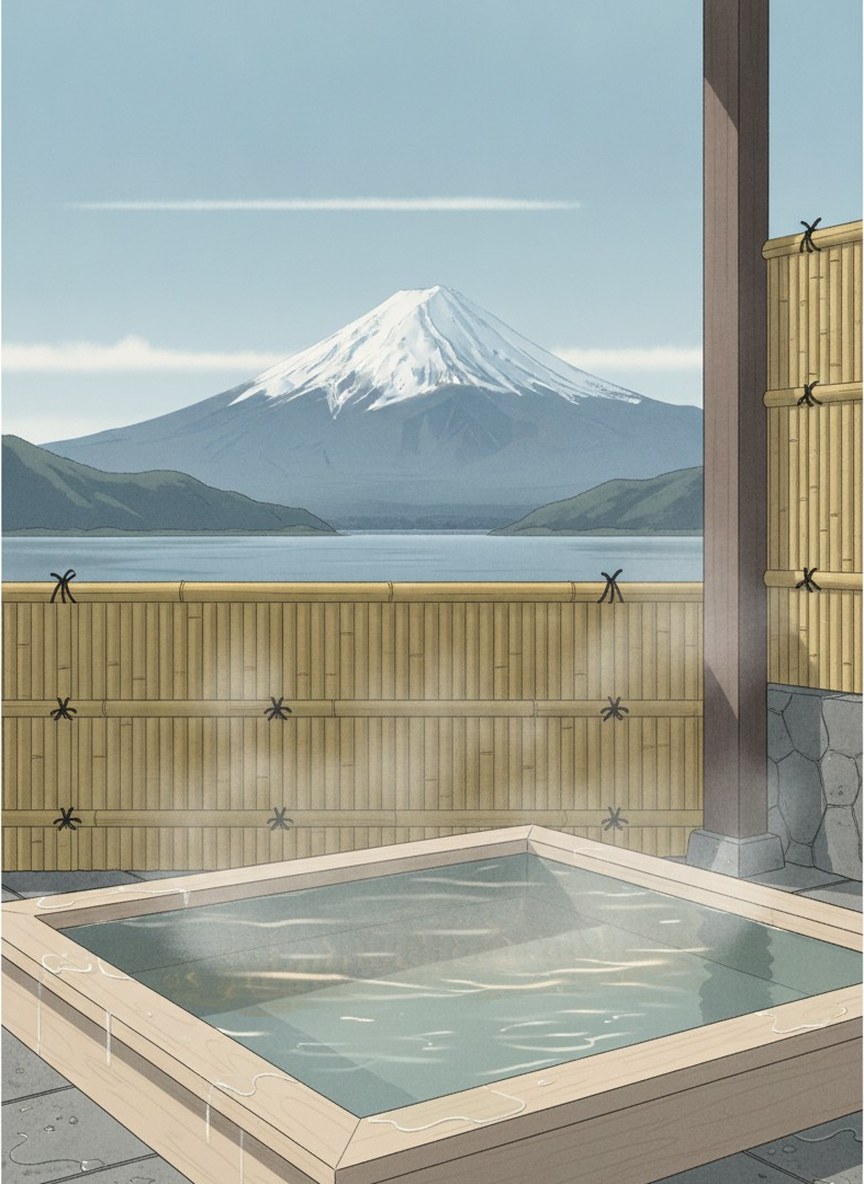 Illustration of Sunnide Resort in Oishi, on the north shore of Lake Kawaguchi
