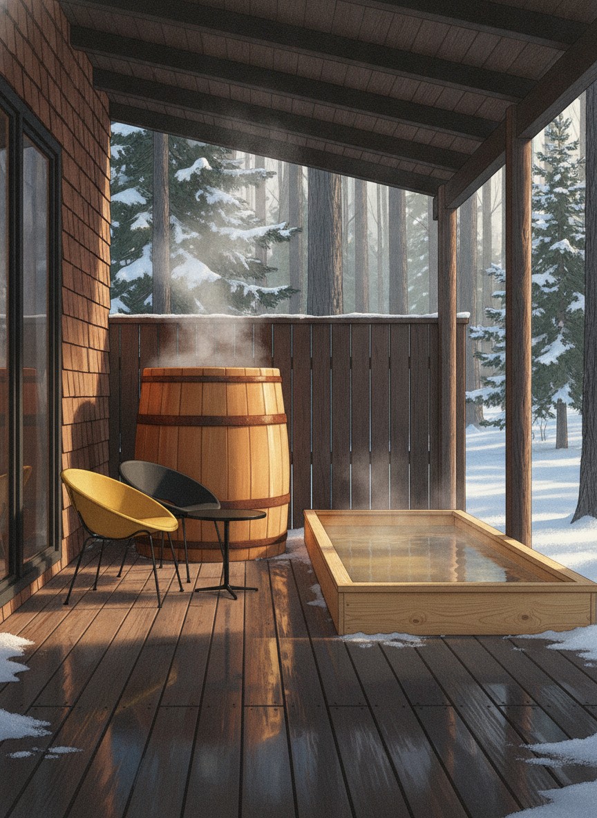 Illustration of Kussharoko Sauna Club in Biruwa, in forest on the southeast side of Lake Kussharo