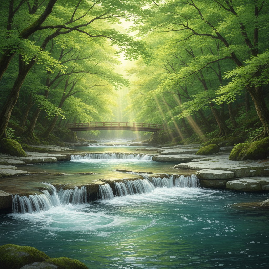 Illustration of the Kikuchi gorge, its clear river stepping down in small falls under green maples, with a footbridge beyond