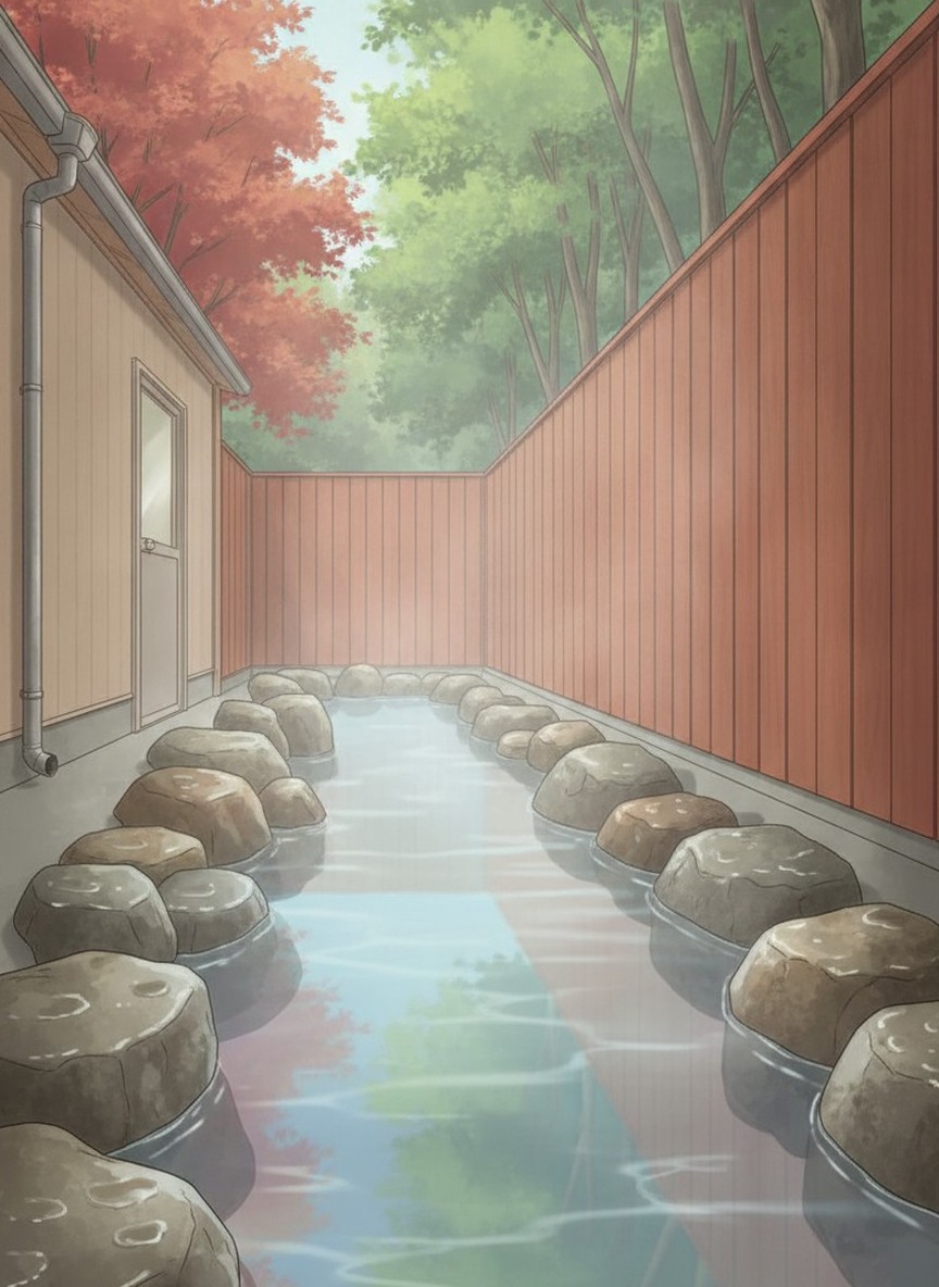 Illustration of Kikuchi Kanko Hotel in Kikuchi Onsen, central Waifu, beside the bamboo grove of Shokanji temple
