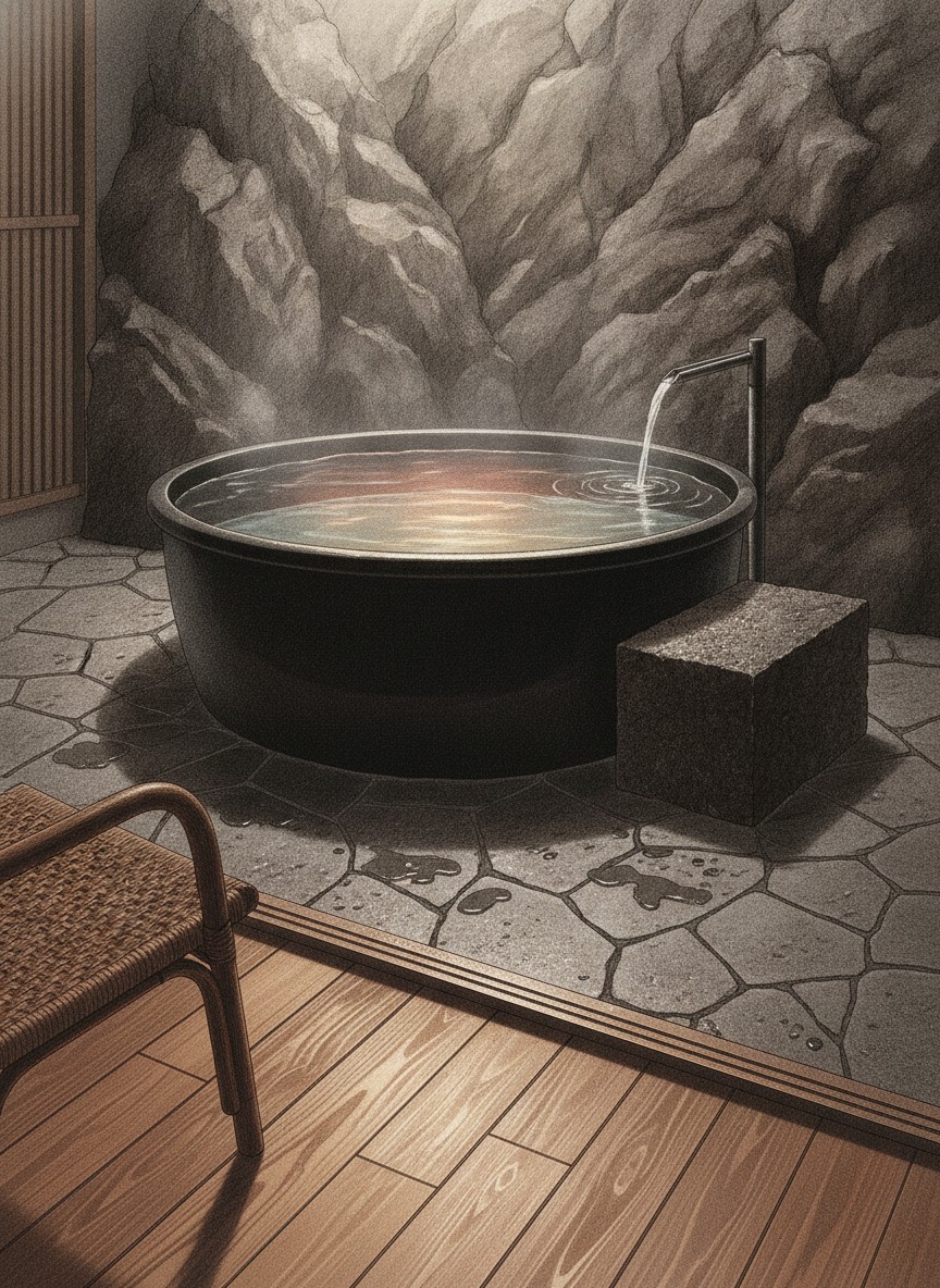 Illustration of Mochizuki Ryokan in Kikuchi Onsen, central Waifu, looking toward Kikuchi Shrine