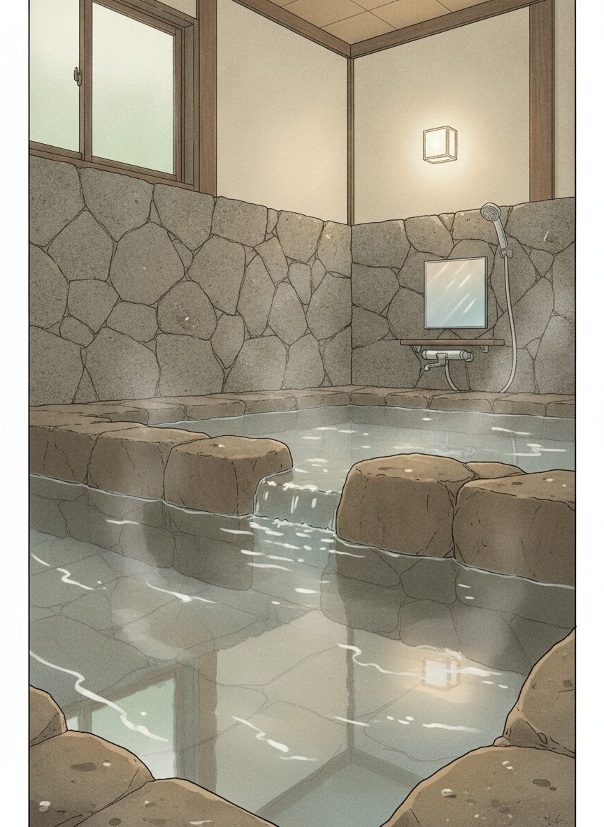 Illustration of Kodachi no Naka no Yado Seiryuso in Kikuchi Onsen, on the Hazama river at the wooded north edge of the spa