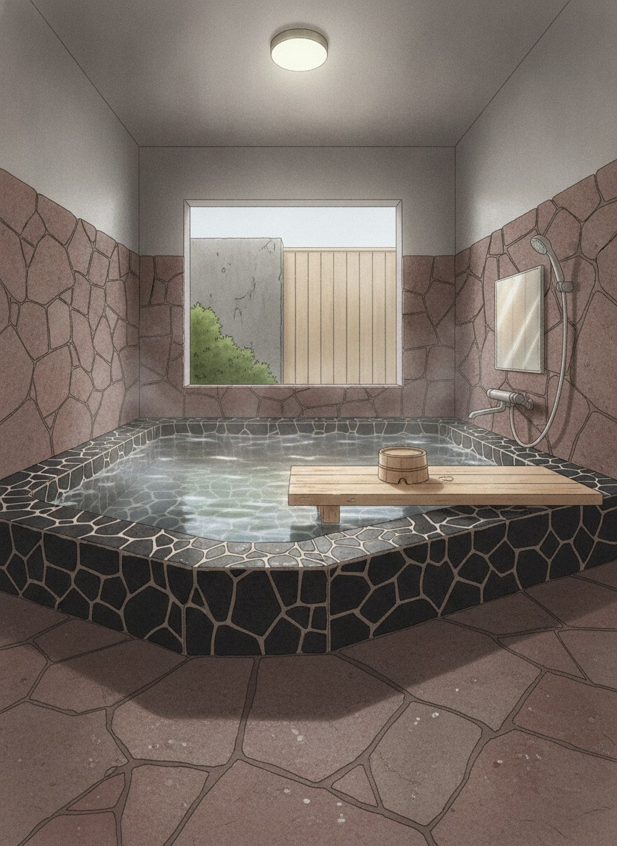 Illustration of Ueki Onsen Hotei-yu in Ueki Onsen, Shosei, a short drive west of the inn row on the Goshi river