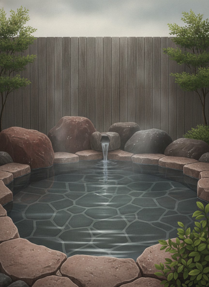 Illustration of Ryokan Iroha in Ueki Onsen, Tasoko, at the north end of the inn row among rice fields