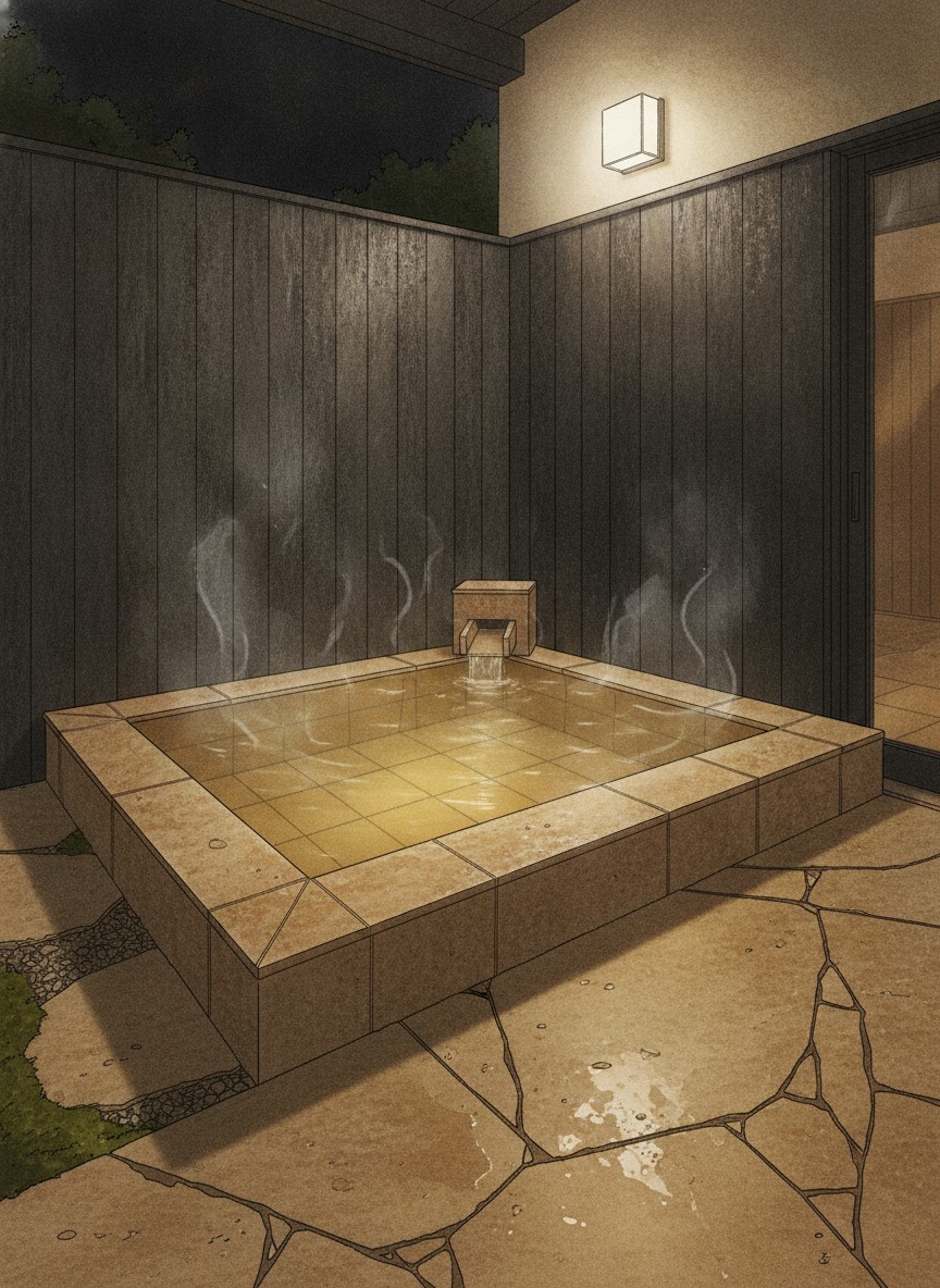 Illustration of Ryokan Yayanoyu in Ueki Onsen, Yonetsuka, on the inn row by the Goshi river