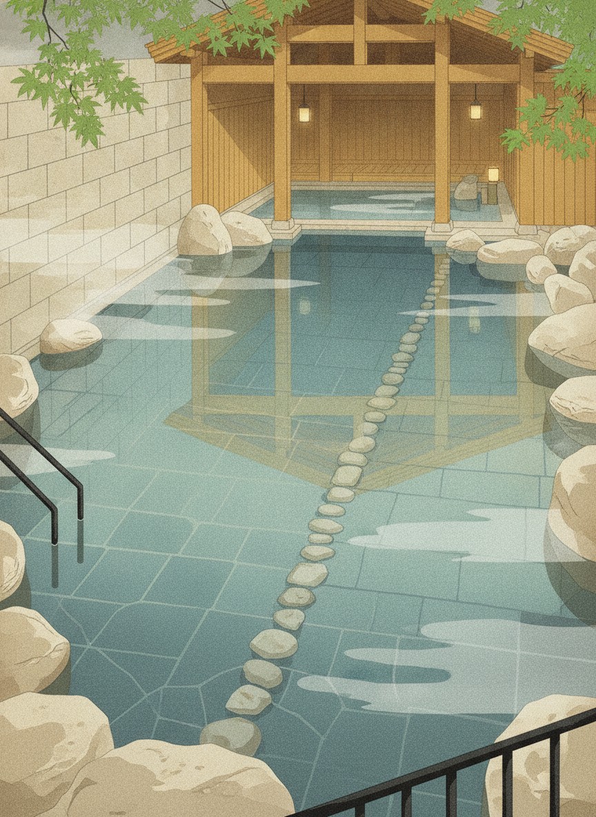 Illustration of Goshono-Yu in Kinosaki, beside Onsenji temple