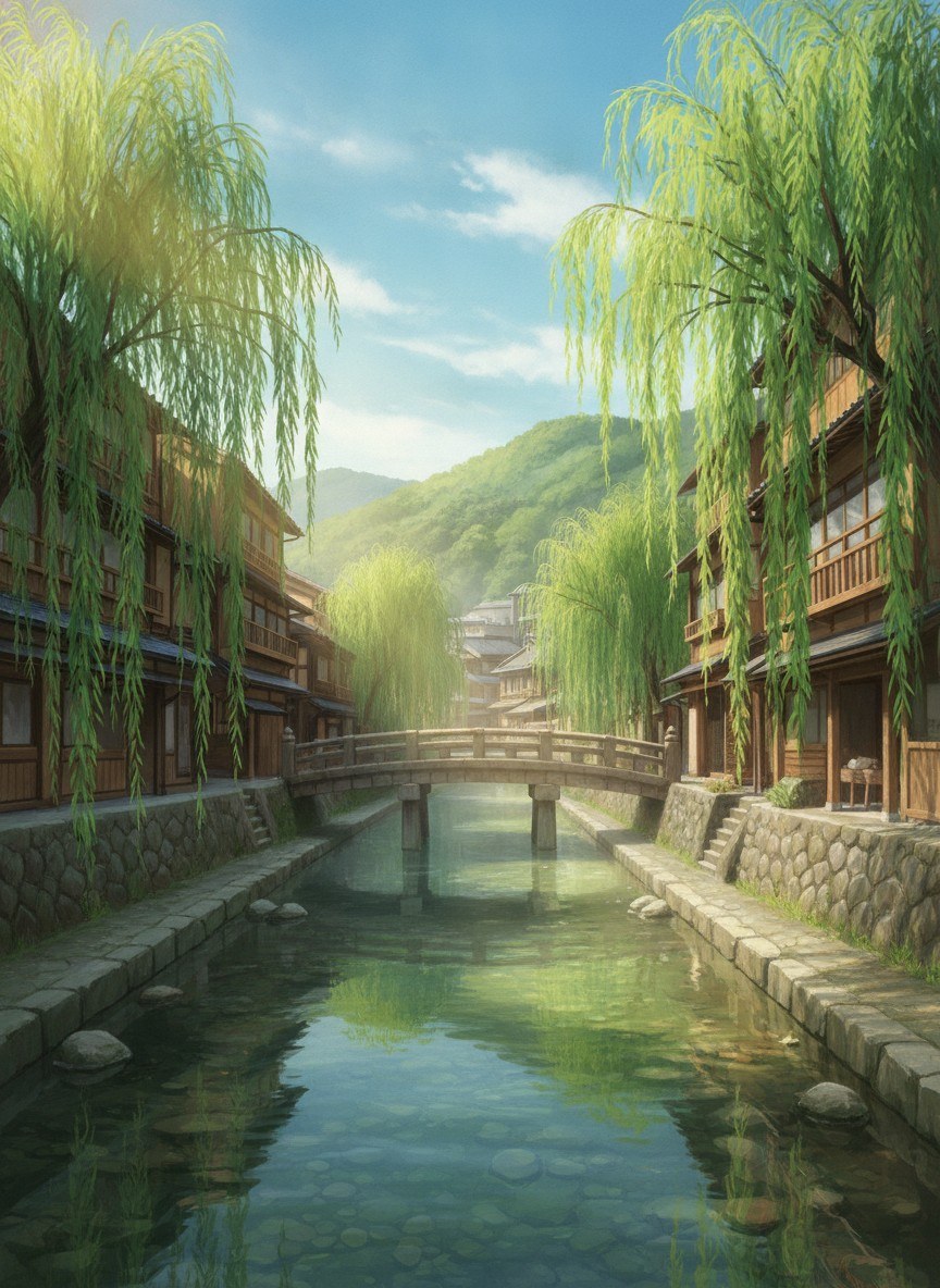 Illustration of Kinosaki Onsen on a spring morning: the clear Otani river between stone walls, green willows, wooden ryokan on both banks and a stone bridge beyond