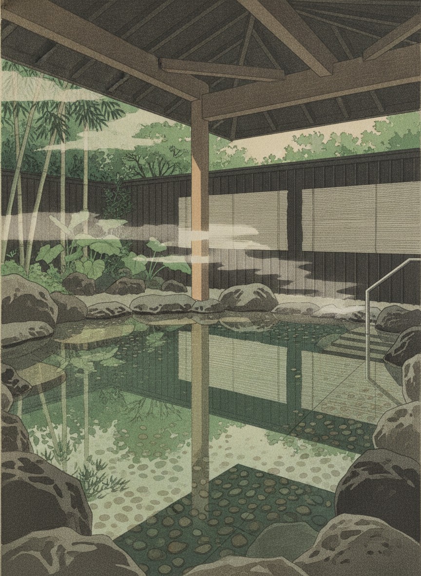 Illustration of Nishimuraya Hotel Shogetsutei in Kinosaki, up the valley