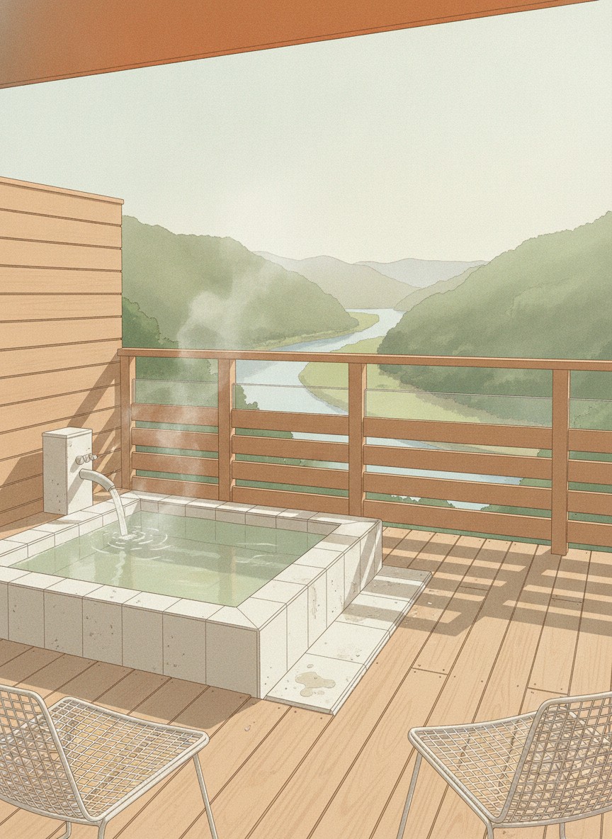Illustration of Hotel Sunshine Kinugawa in Ohara, across from the Kinu Tateiwa suspension bridge