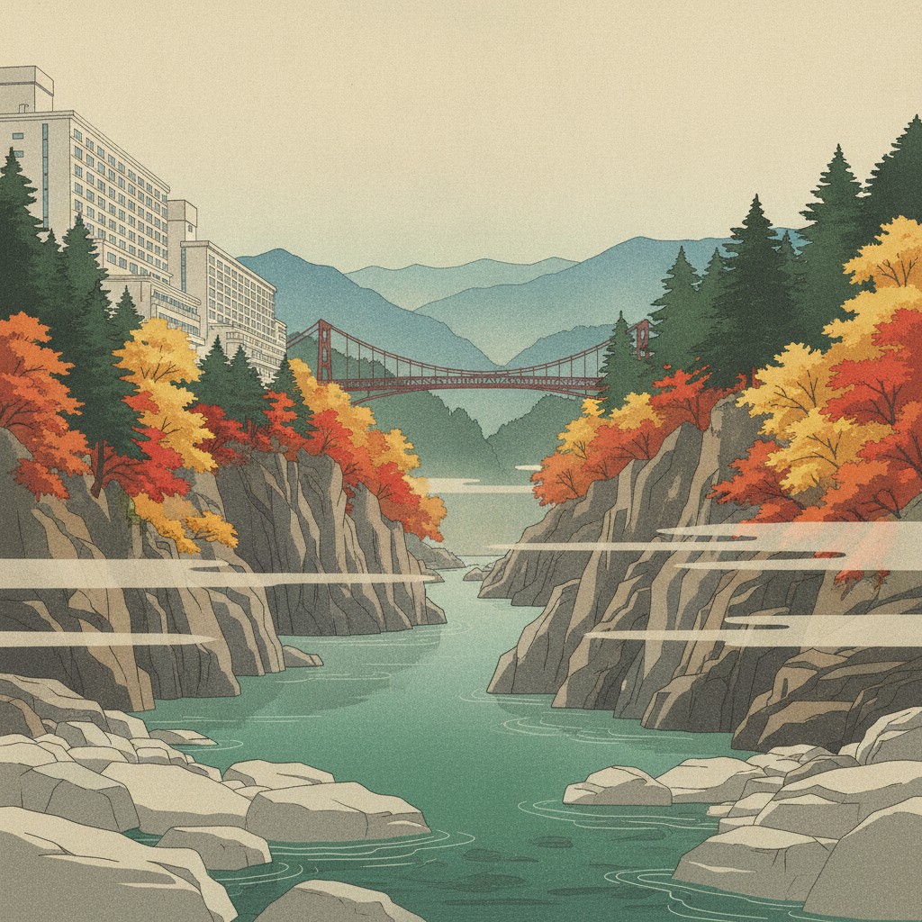 Illustration of the Kinugawa gorge in autumn, hotels along the cliff top and a suspension bridge over the river