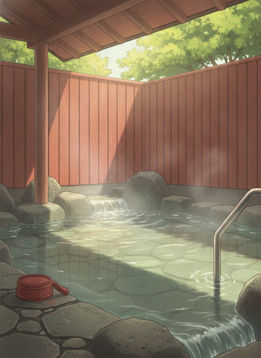 Illustration of Ooedo Onsen Monogatari Hotel Kinugawa Gyoen in Fujiwara, beside the painted-demon staircase on the west bank