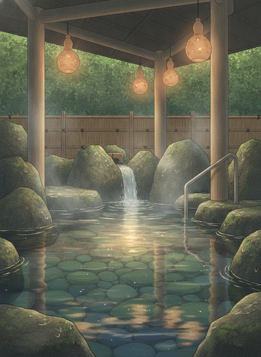 Illustration of TAOYA Kawaji in Kawaji Onsen, on the Ojika river 20 minutes upstream of Kinugawa