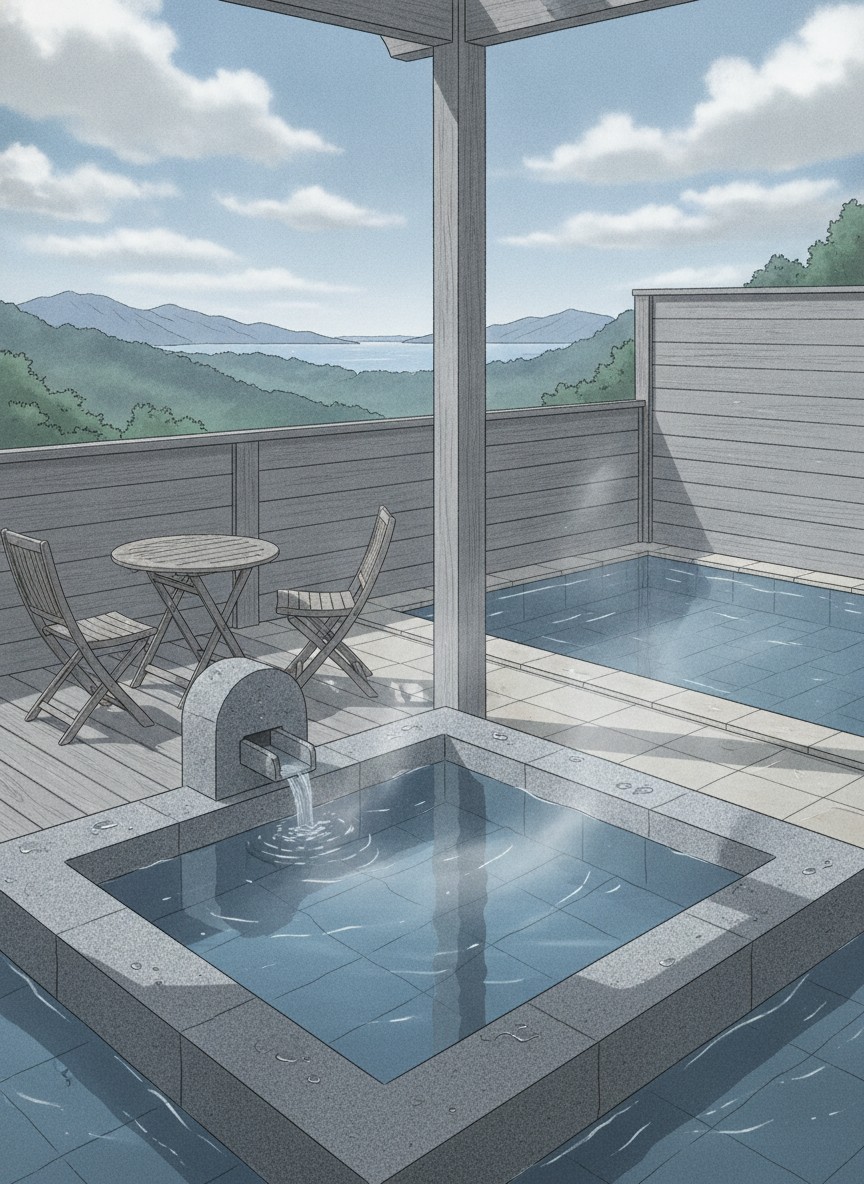 Illustration of Amateras in Maruo, on a ridge above the Kirishima Onsen-kyo spa villages with a view to Sakurajima and Mount Kaimon on clear days