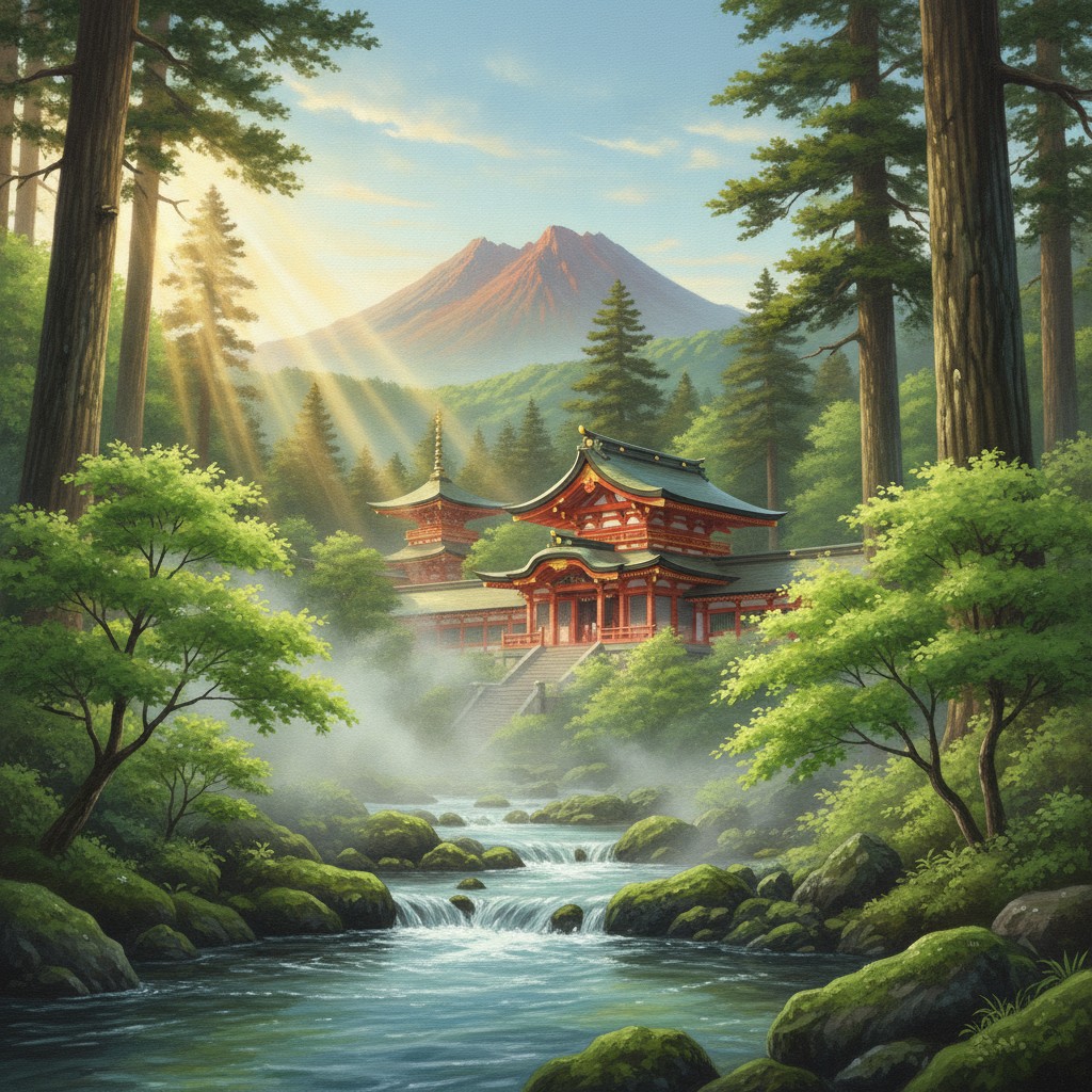 Illustration of Kirishima on an early summer morning: a mossy stream steaming under green maples, Kirishima Shrine among tall cedars, and the peak of Takachiho-no-mine