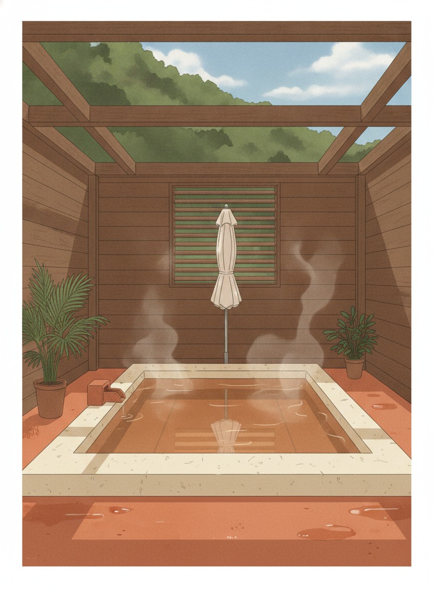 Illustration of Koshikano Onsen in Matsunaga, Hayato, on the Hinatayama side of Kirishima City, 15 minutes by car from Kagoshima Airport
