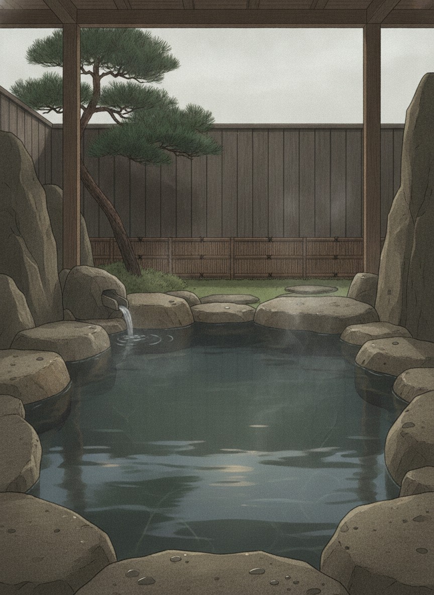 Illustration of La Vista Kirishima Hills in Maruo, on a hill above the Kirishima Onsen-kyo spa villages, looking over Kinko Bay to Sakurajima