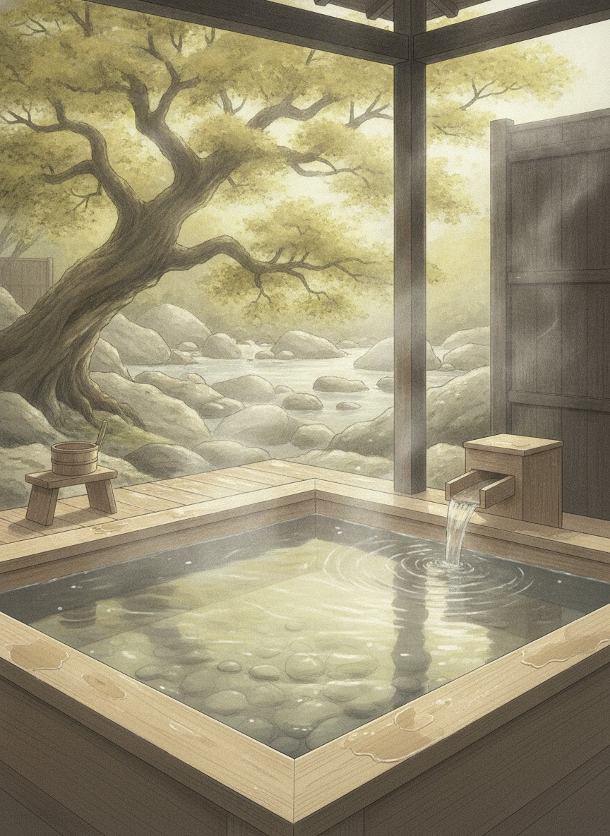 Illustration of Myoken Ishiharaso in Kareigawa, Myoken Onsen, on the Amori River about 15 minutes by taxi from Kagoshima Airport