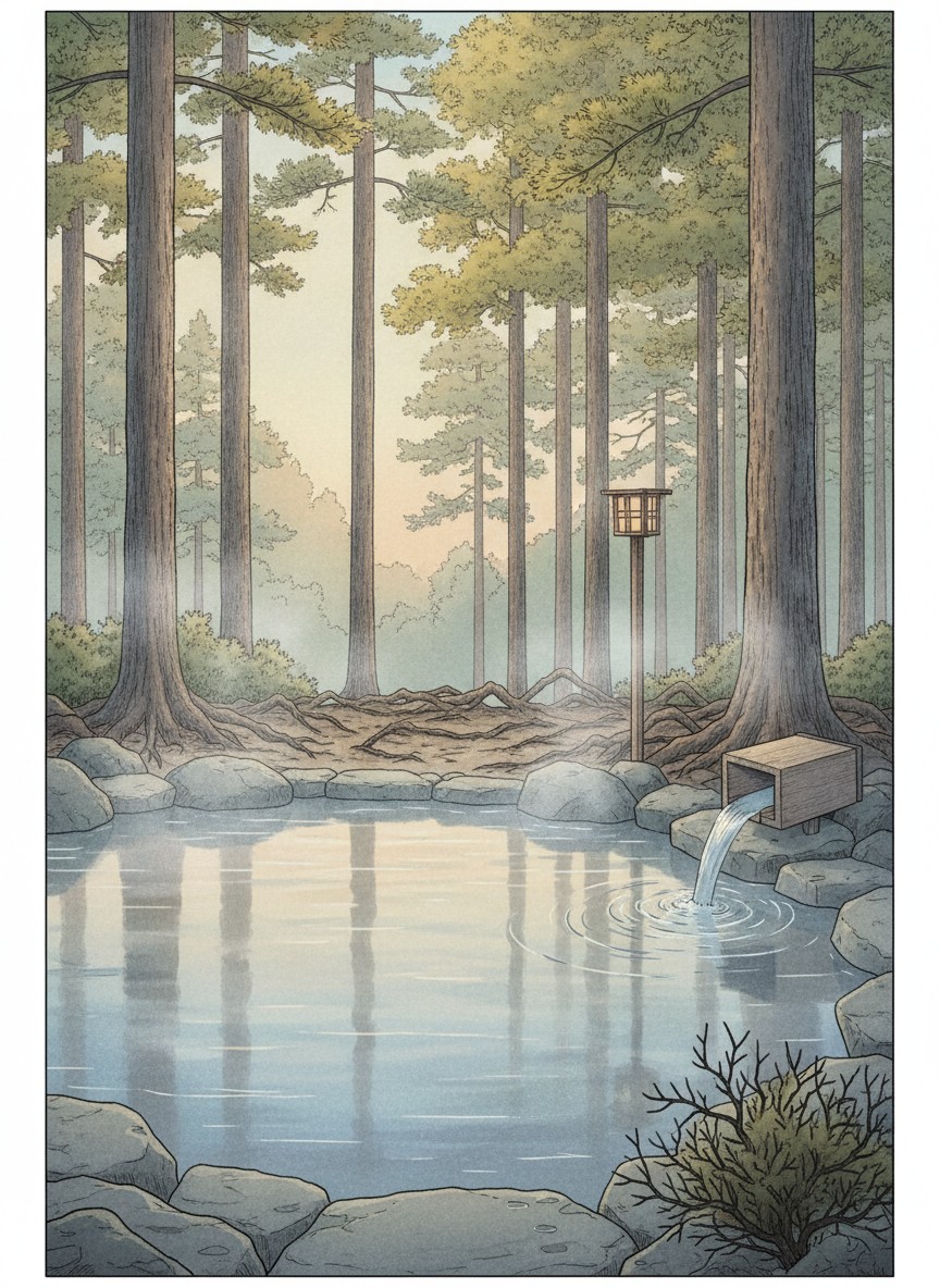 Illustration of Ryokojin Sanso in Maruo, on a wooded hillside above the Kirishima Onsen-kyo spa villages, 800 meters up a side road