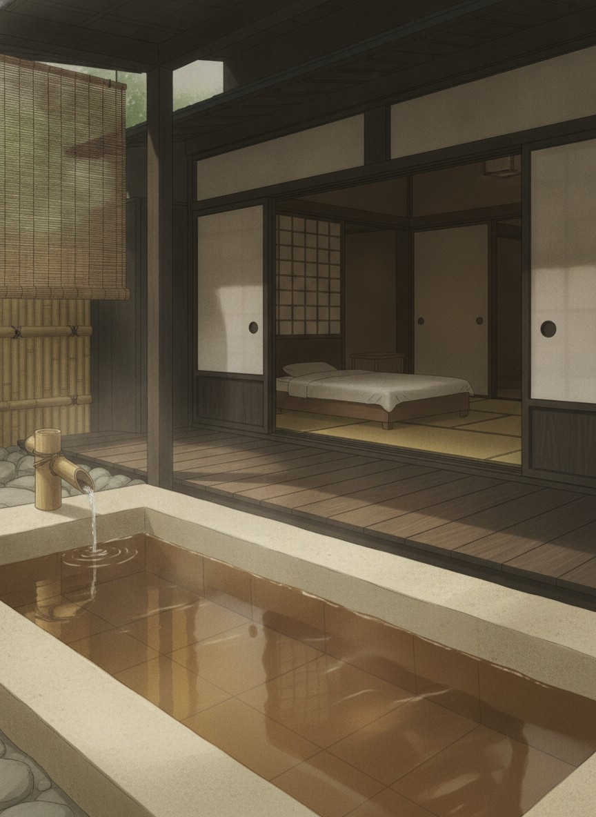 Illustration of Wasure no Sato Gajoen in Shukukubota, Myoken Onsen, on the Amori River at the Gajoen-mae bus stop, 15 minutes by car from Kagoshima Airport
