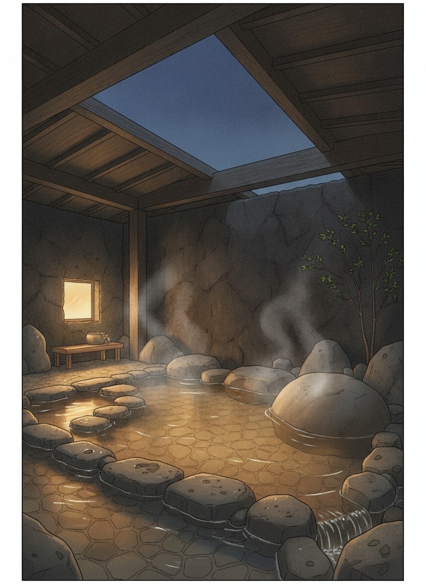 Illustration of Yumotoan Kiyohime in Himegi, Hinatayama Onsen, by the Amori River in Hayato, 15 minutes by bus from Kagoshima Airport
