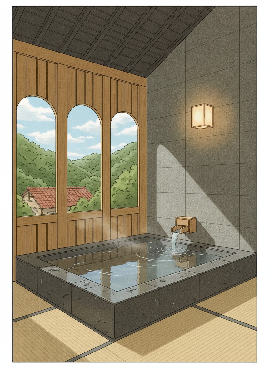 Illustration of Yuyuan in Himegi, Hinatayama Onsen, beside the Amori River in Hayato, 15 minutes by car from Kagoshima Airport