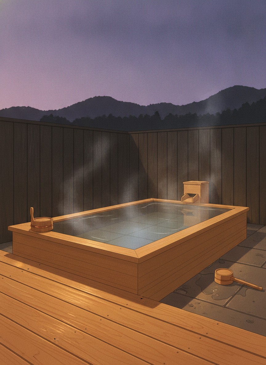 Illustration of Hatago Sakura in Kushino Onsen, Kokonoe, on the Machida river just upstream of Hosenji Onsen