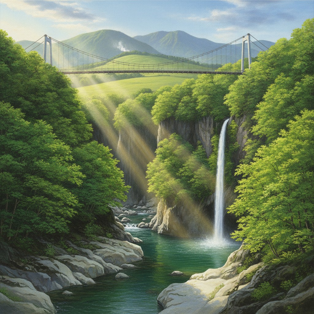 Illustration of the Kyusuikei gorge in early summer, a white suspension bridge high over a green river and waterfall, with the Kuju peaks beyond
