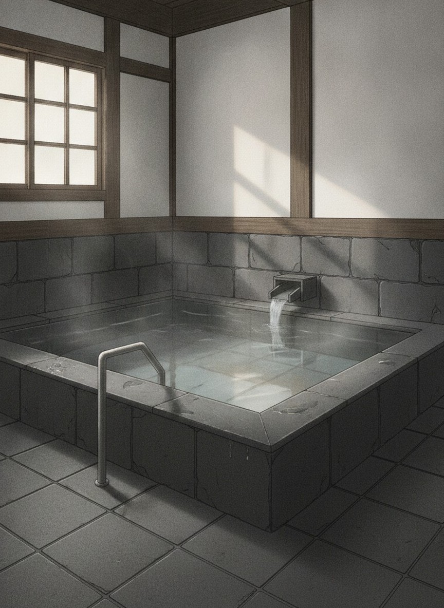 Illustration of Kinosato Yamanoyu in Hosenji Onsen, Kokonoe, at the quiet upper end of the spa by the river