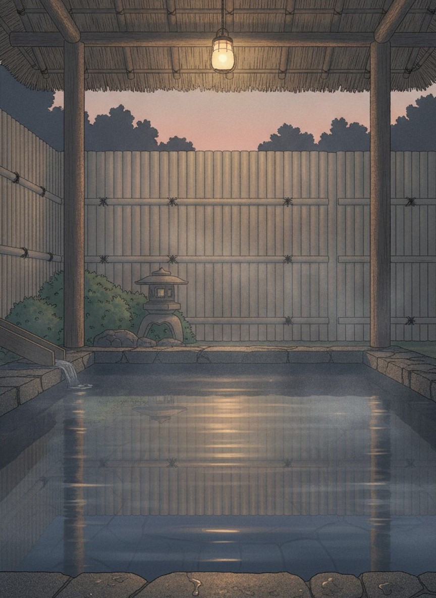 Illustration of Hosenji Kanko Hotel Yumotoya in Hosenji Onsen, Kokonoe, on the Machida river in the middle of the spa