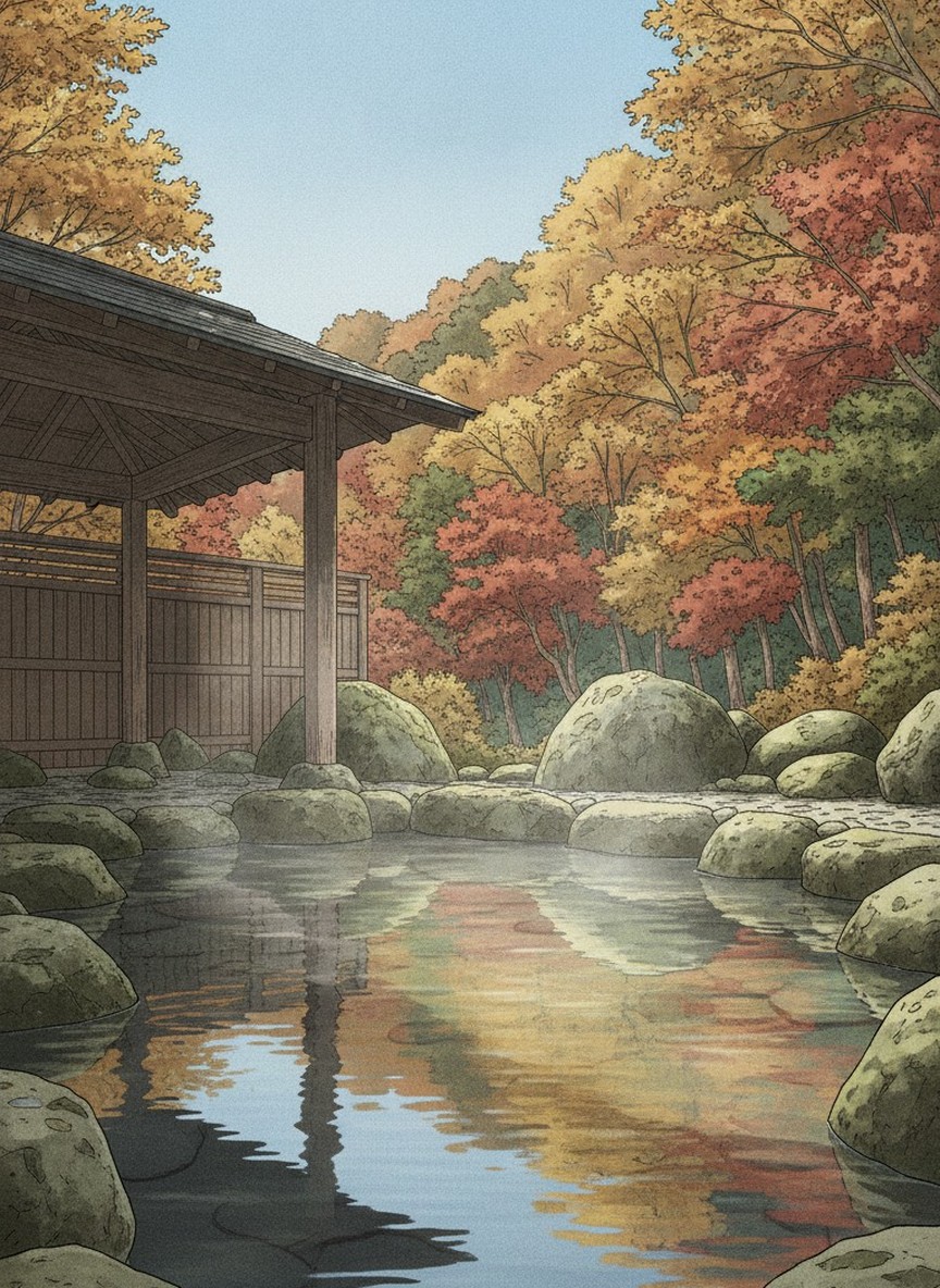 Illustration of Kokonoe Iyashi no Sato Hotel Daikogen in Sujiyu Onsen, Kokonoe, on the stream in the Komatsu district at the south end of the village