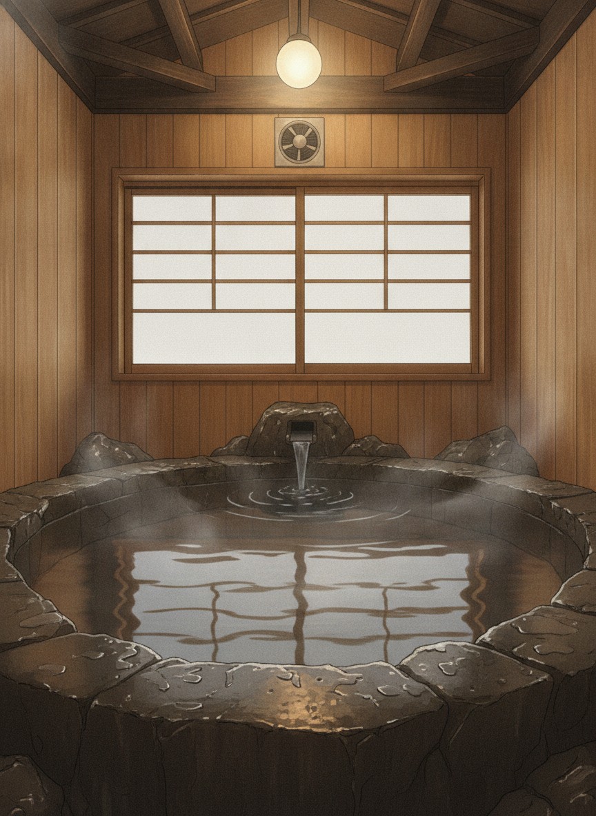 Illustration of Meisui no Yado Houjuya in Sujiyu Onsen, Kokonoe, in the middle of the village beside the public baths