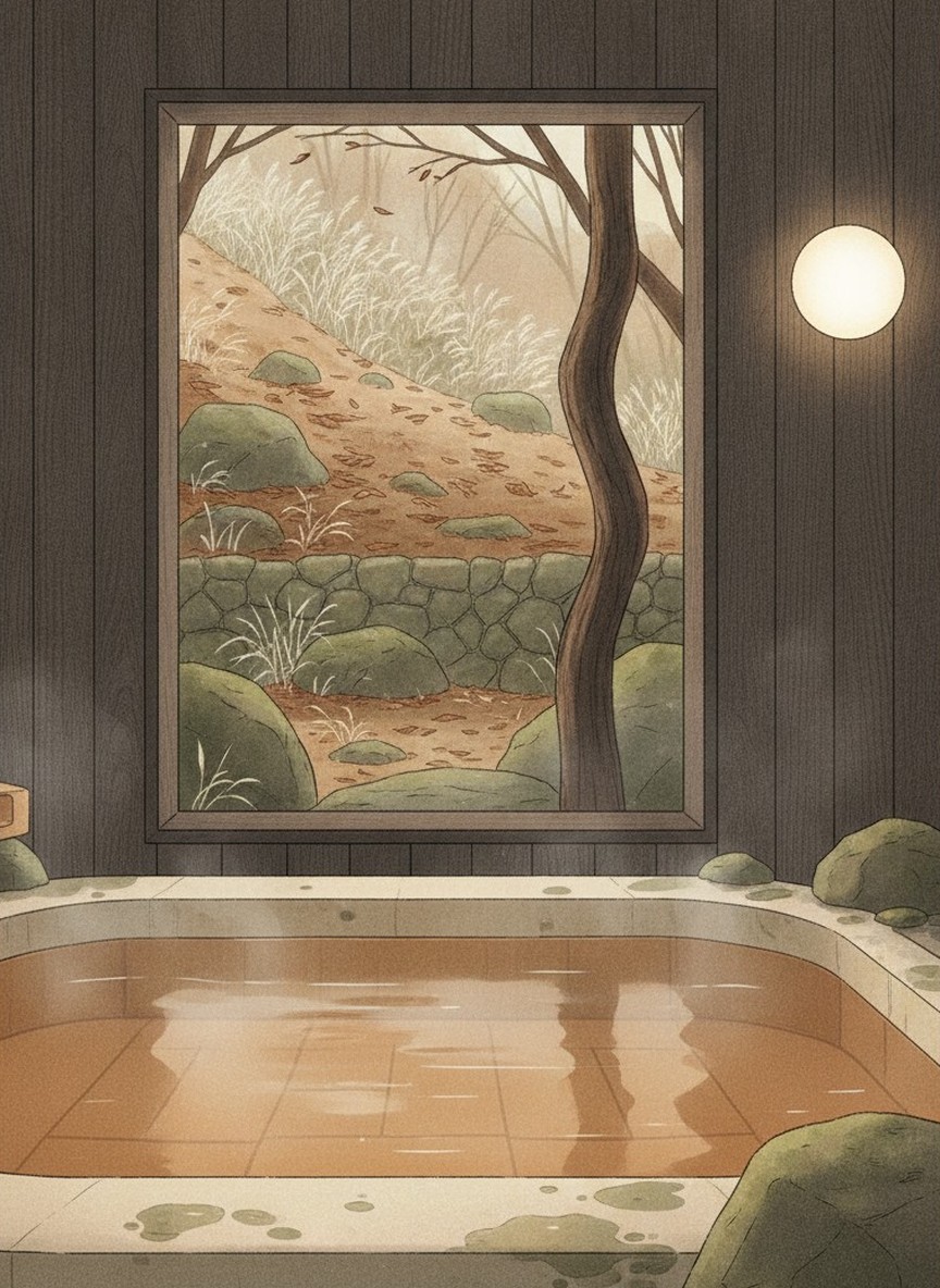 Illustration of Yama no Yado Kanjigoku Ryokan in Kanjigoku Onsen, Iida Highland, Kokonoe, at the foot of the Kuju range near Chojabaru
