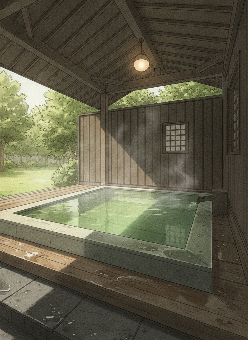 Illustration of Yamaai no Yado Kiyasuya in Sujiyu Onsen, Kokonoe, in woodland just off the road above the village
