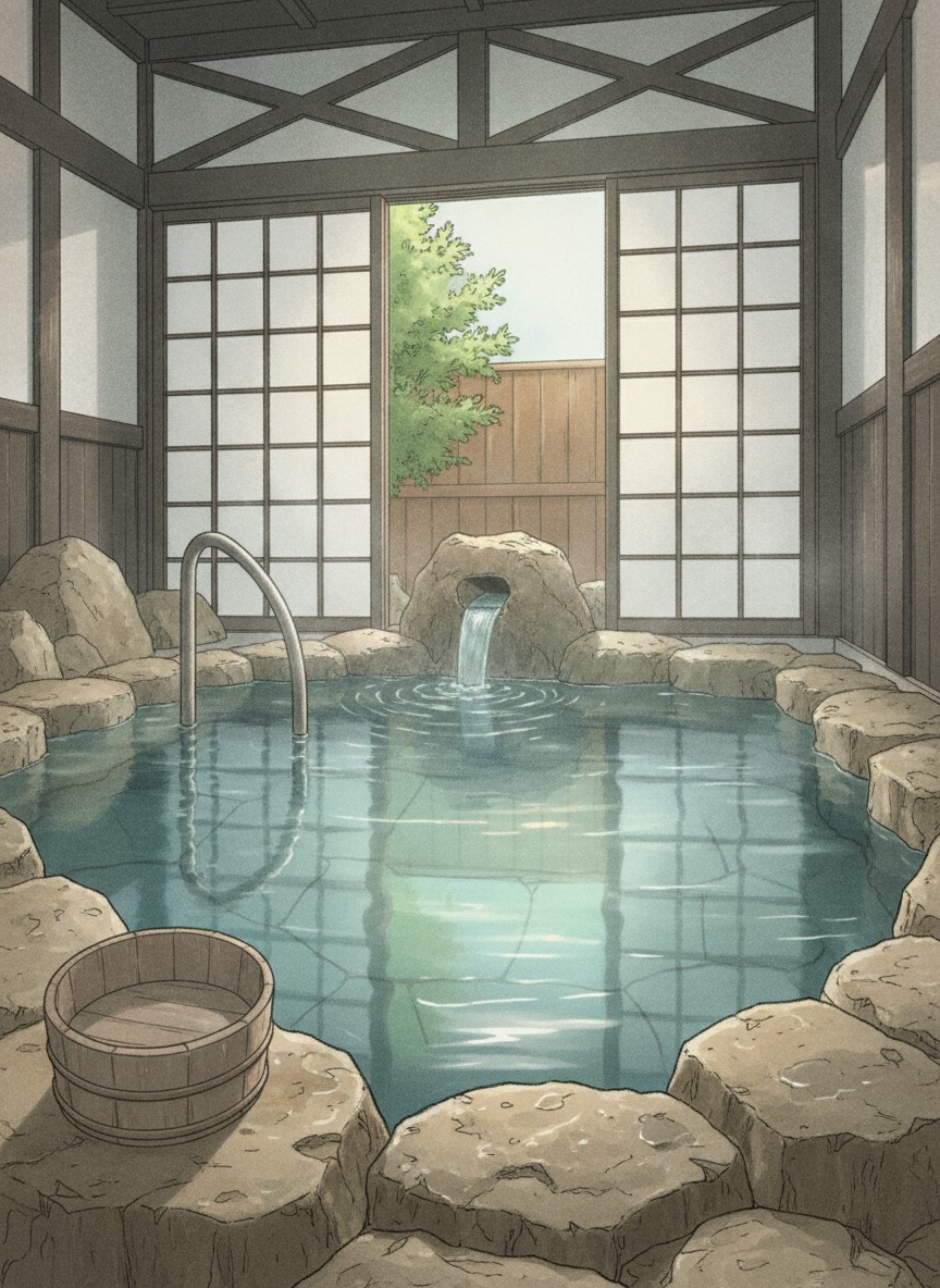 Illustration of Ryoso Komatsu Besso in Sujiyu Onsen, Kokonoe, in a garden on the upper side of the village, about 10 minutes on foot from the Utase bath
