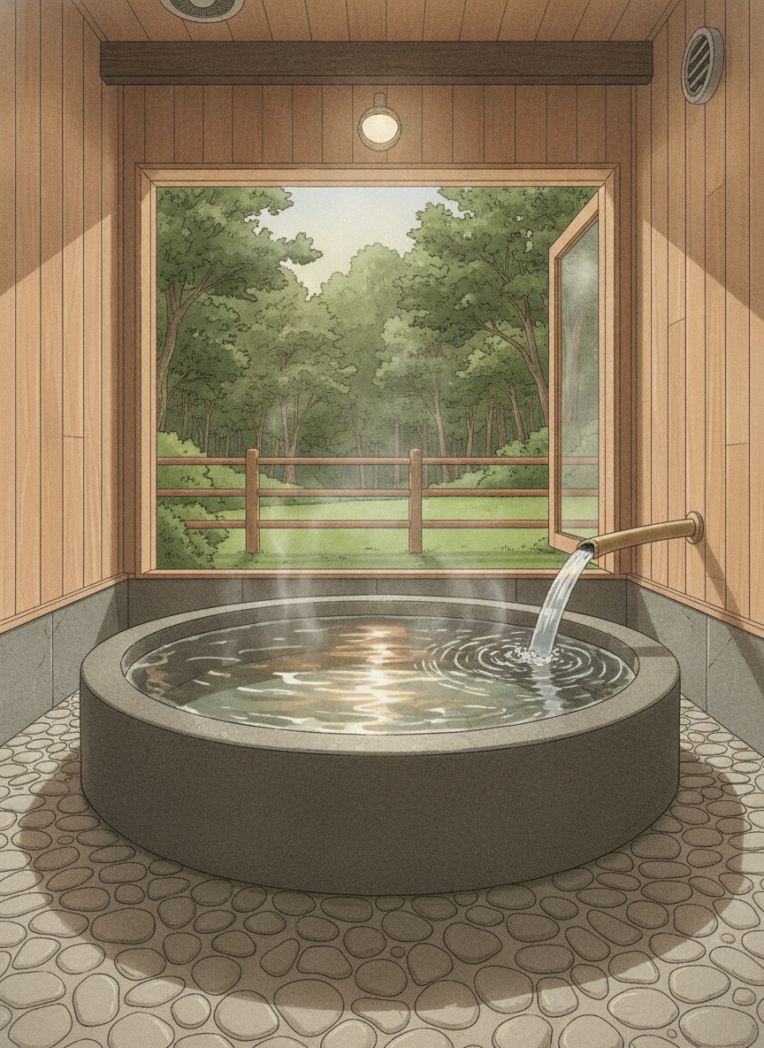 Illustration of Ryokan Nanakamado in Sujiyu Onsen, Kokonoe, in a bamboo grove near the upper end of the village, beside the Hacchobaru View Hotel