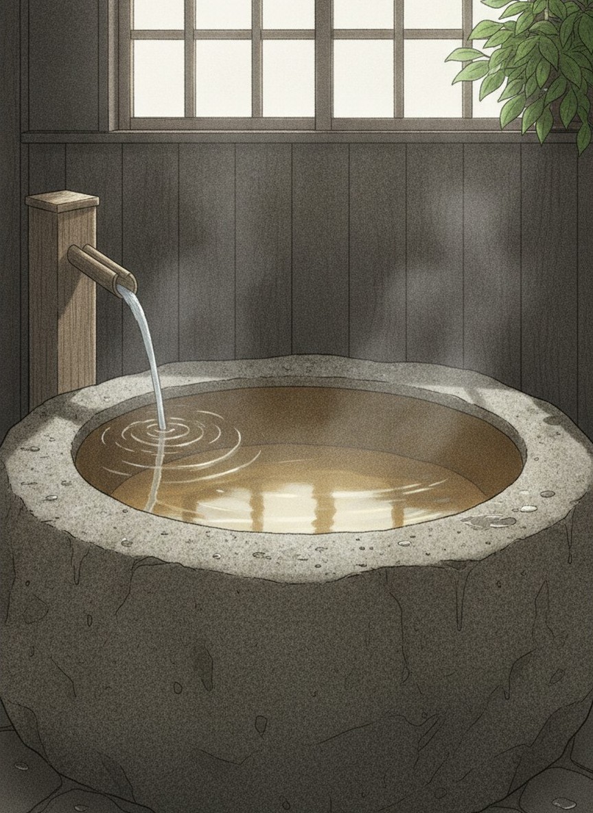 Illustration of Ryokan Furusato in Sujiyu Onsen, Kokonoe, at the entrance to the village