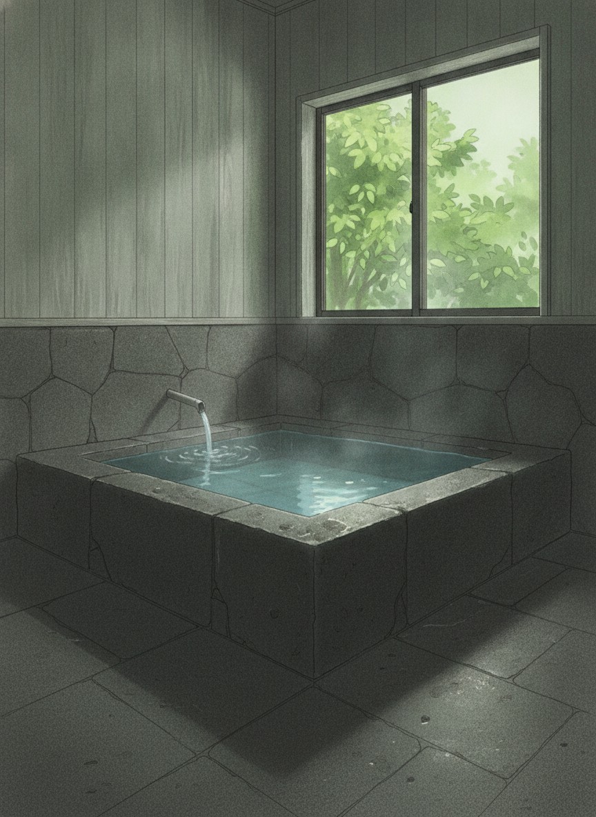 Illustration of Ryokan Shirataki in Sujiyu Onsen, Kokonoe, on the stream in the middle of the village