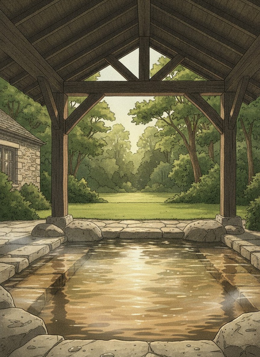 Illustration of Spa Greenness in Senomoto Highland, Kokonoe, on the Yamanami Highway near the Kumamoto border, three minutes on foot from the Sujiyu Onsen Iriguchi bus stop