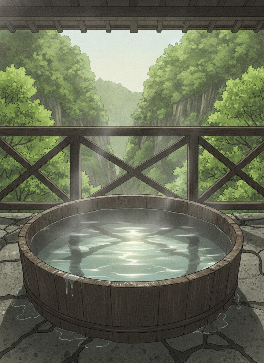 Illustration of Hotaru to Zekkei no Yado Tsurezure in Kyusuikei gorge, Tano, Kokonoe, beside its sister inn Nihiki no Oni