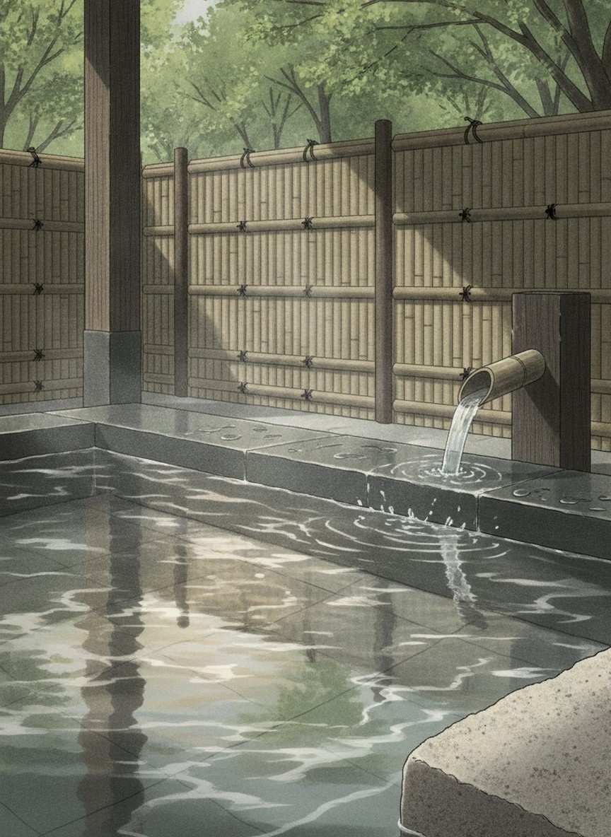 Illustration of Sanso Yamanoiro in Sujiyu Onsen, Kokonoe, on the cliff edge at the upper end of the village, by the Hizen-yu bus stop