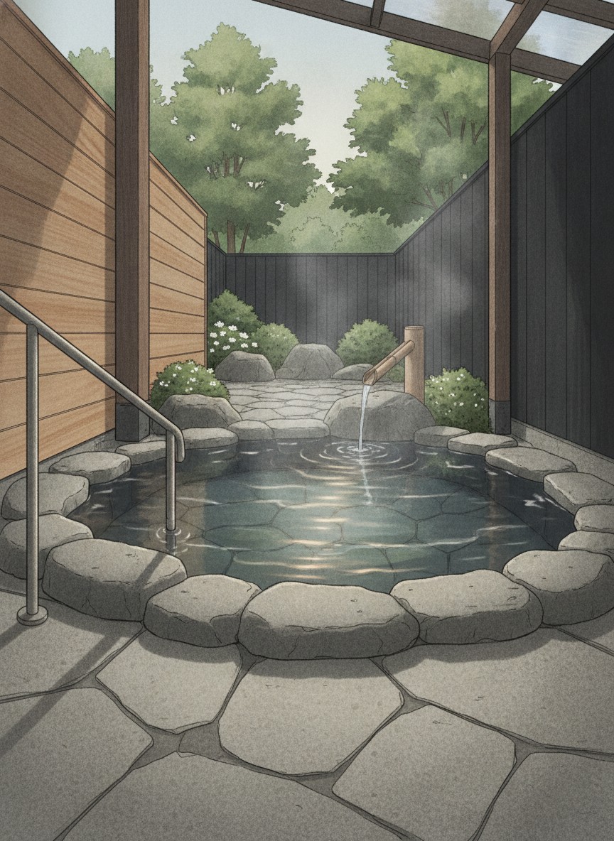 Illustration of Tabi no Yado Yamatsubaki in Sujiyu Onsen, Kokonoe, at the T-junction at the top of the village street