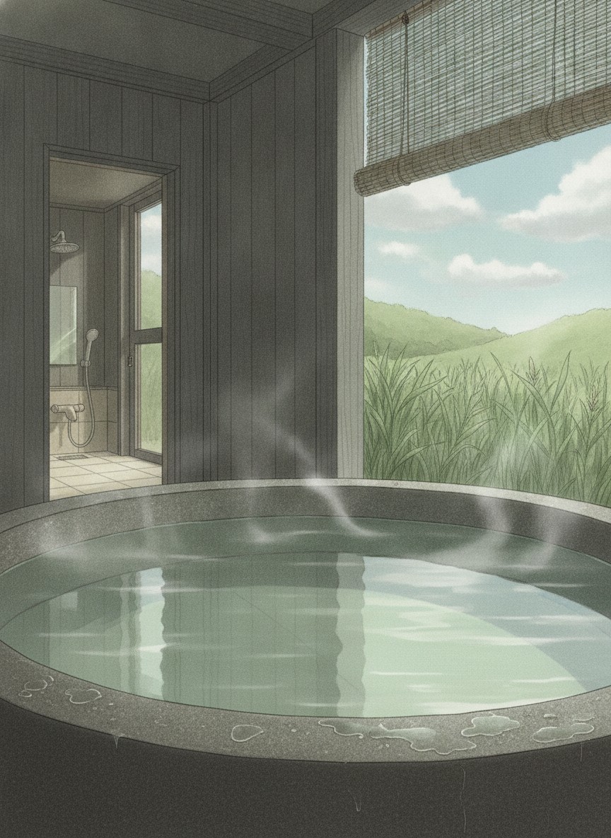 Illustration of Bansho no Yu, Nagayu Historic Hot Spring Hall in Nagayu Onsen, on the upper Serikawa river, about 15 minutes on foot west of Ramune Onsenkan