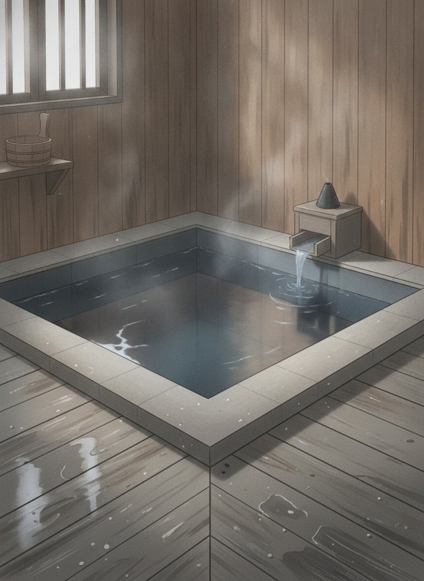 Illustration of Daimaru Ryokan in Nagayu Onsen, on the bank of the Serikawa river in the middle of the bath town
