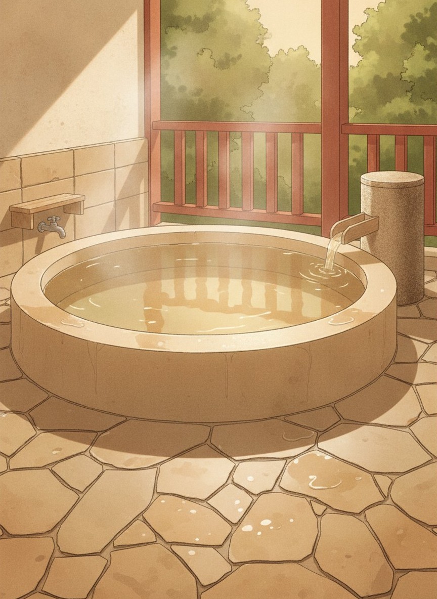 Illustration of Nagayu Onsen Gozen-yu in Nagayu Onsen, on the Serikawa river in the middle of the bath town